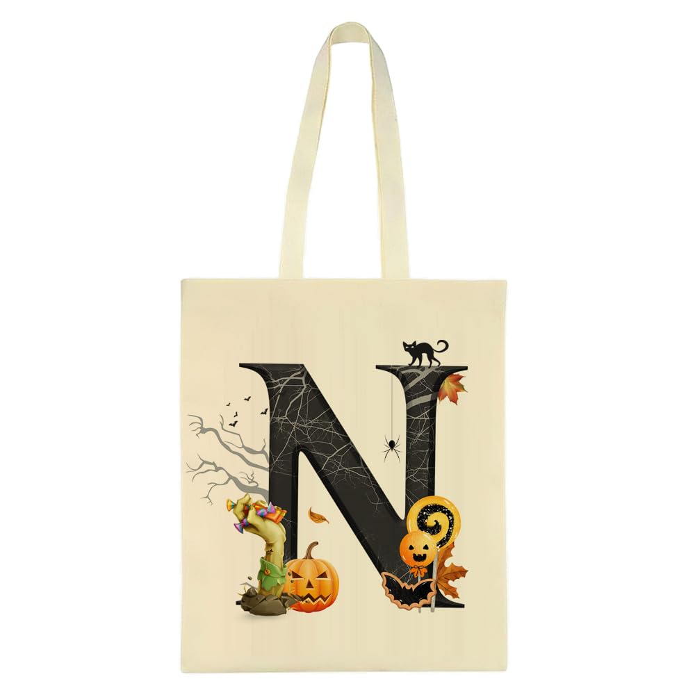 Halloween Initial Tote Bags Gifts for Girl, Trick or Treat Bag, Halloween Letter Bag, Pumpkin Party, Reusable Bag, Shopping Bag, Natural Tote Bag. (N)