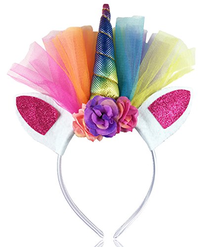Unicorn Horn Headband Flowers Ears Headbands for Party Decoration or Cosplay Costume (Rainbow)