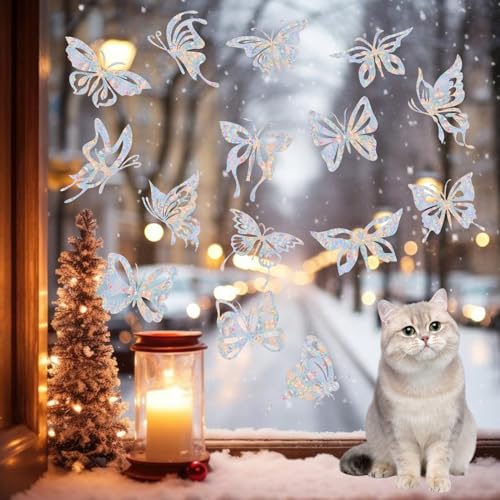 Image of 32PCS Butterfly Window Clings | Anti-Collision Decals, Save Birds from Window Collisions, Non Adhesive Prismatic Vinyl, Rainbow Stickers