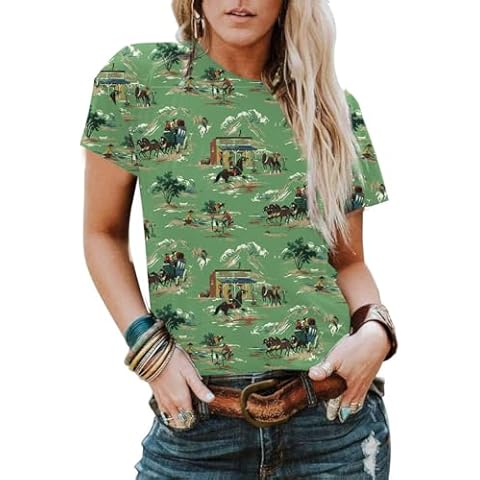 Western Shirts Women Cowgirl Shirt: Vintage Western Rodeo Tshirt Cactus Horse Graphic Tees Short Sleeve Tops Cover