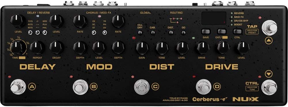 Cerberus Multi-function Guitar Effect Pedal, Inside Routing IR Loader Analog Overdrive Distortion, Digital Delay Modulation Effects, Hybrid Architecture, IR Loader, Cabinet Simulation
