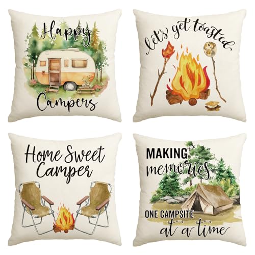 Avoin Colorlife PILLOWCOVER-CAMPER-4PC-4545-003 Happy Campers Let'S Get Together Throw Pillow Covers 18X18 Inch Set Of 4 cover