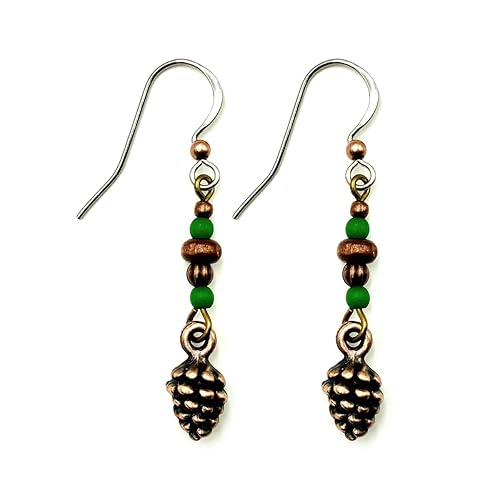 Adorable Little Copper Pinecone Earrings in Earthy Forest Colors Green and Wood Beads Winter Nature Jewelry Fall Autumn Holidays Christmas Mountains