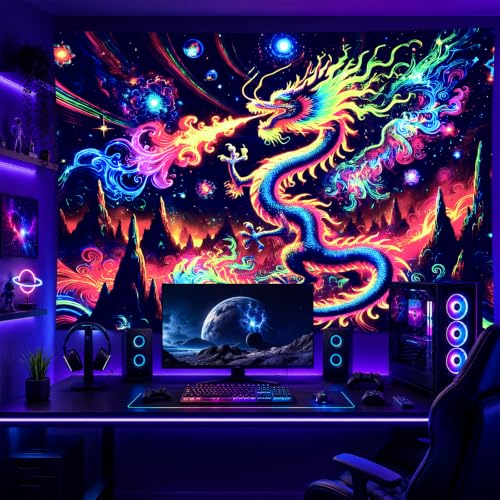 Image of BlissYard Dragon Tapestry Blacklight Tapestry 78x59 Inch UV Wall Hanging | Dragon Tapestry with Neon Dragon Skull Fantasy Scene for Gaming Room Bedroom Dorm and Trippy Wall Decor
