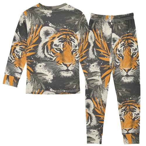 Pajama Sets Long Sleeve Tiger Face with Leaves Soft Comfy Sleepwear 2 Piece PJS 3-8T3