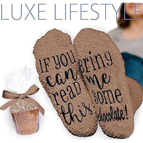 “If You Can Read This Bring Me Some Chocolate!” - Funny Socks with Cupcake Gift Packaging - Fuzzy Cotton Perfect Wife Women Hostess Housewarming Novelty Romantic Birthday Present Chocolate Lover Cover