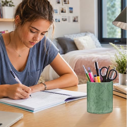 Image of Round Leather Pen Holder for Desk, Desktop Organizer, (Carved Green)