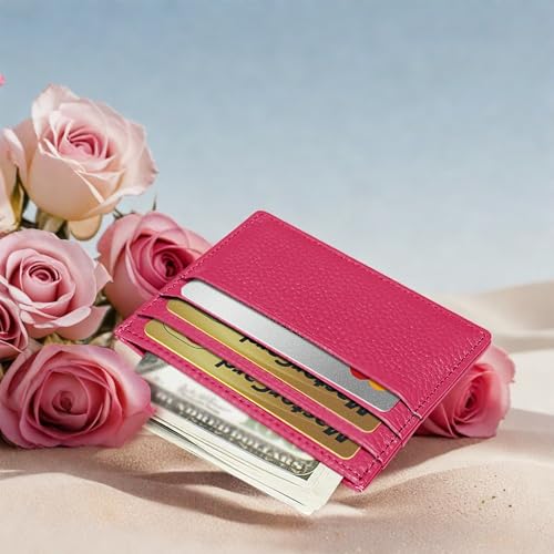Image of M-Plateau Super Slim Genuine Leather Credit Card Wallet | Card Holder, Small Wallet for Man and Women with 6 Card Slots and 1 Pocket (Rose Red)