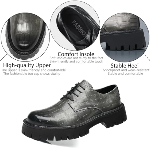 Image of Men's Printed Leather Platform Oxford Dress Shoes Classic Lace Up Anti-Slip Lug Sole Block Heel Formal Oxfords for Wedding Office Business