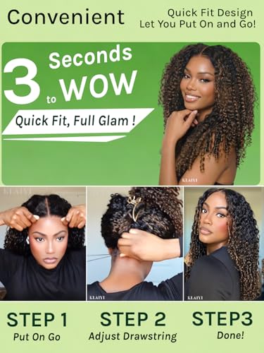 Image of KLAIYI Bye Bye Slip Ombre Brown Burmese Curly Glueless Precut 7x5 Lace Front Human Hair Wig with Finger Coil Ends Drawstring Chestnut Brown Pre Plucked Bleached Knots Ready to Wear and Go Wig 24Inch