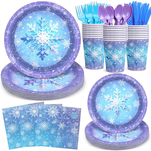 175Pcs Snowflake Paper Plates and Napkins Set - Blue Purple Christmas Themed Paper Plates Cups Napkins Cutlery for Winter Wonderland Holiday Decorations Birthday Wedding Party Supplies for 25 Guests