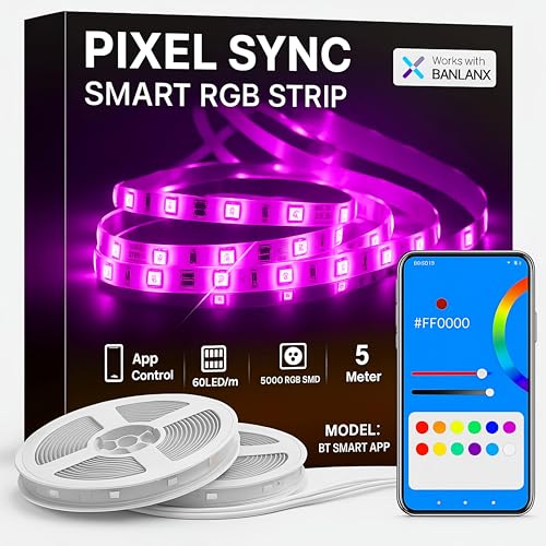 Image of Smart RGB Strip Light - Bluetooth, White PCB, 60 LEDs /m, App & Group Control, Music & Dynamic Modes, Copper PCB, 5M Strip with SP623 BT Controller & 12V Adapter