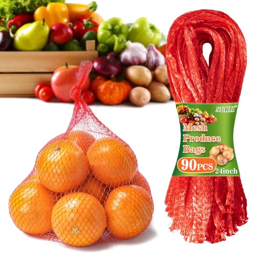 sukh 90pcs mesh produce bags - 24inch mesh vegetable bags onion storage net produce seafood net for vegetables storage fruits seafood and other agricultural products red