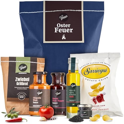 Gepp’s Feinkost Wundertüte Osterfeuer I Gefülltes Ostergeschenk mit Delikatessen zum Grillen I Kleine Überraschung leckeren Grillsaucen und Brotbackmischung I...