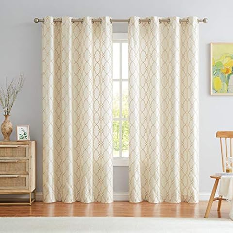 Romantex Beige, halbtransparenter Vorhang 213 cm lang für Wohnzimmer, Stickerei, gemustert Cover