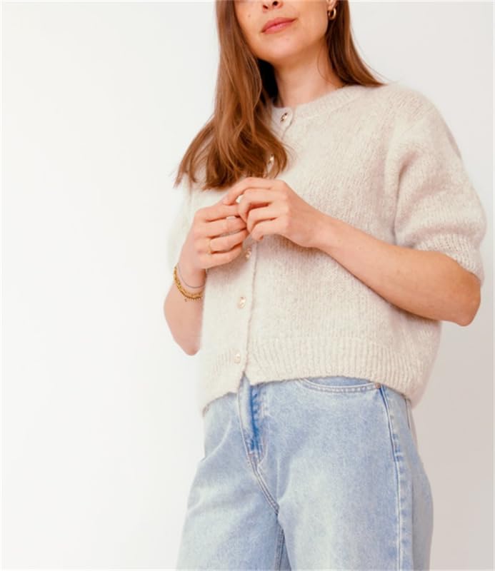 Image of Women Knitted Crop Cardigan Shirt Short Sleeve Button Down Ribbed Knit Crop Top Y2k Girls Outwear Top Tee Shirt