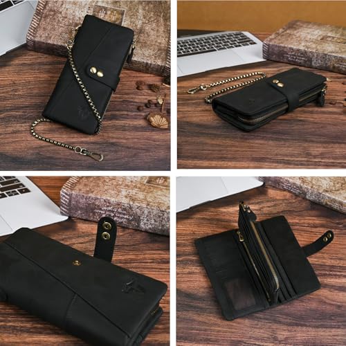 Image of Genuine Crazy Horse Leather Travel Gift Coin Pocket Card Case Long Organizer Chain Rfid Wallet Purse With Snap For Men Male 1803 1815 (1803 The Black2)