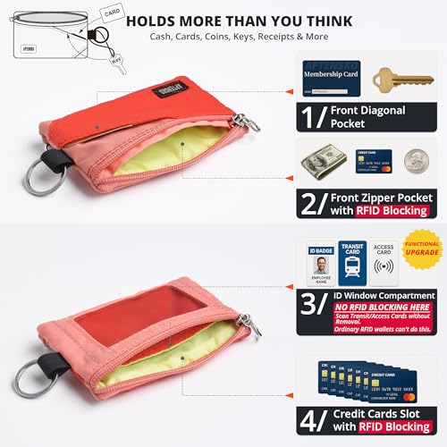 Image of RFID Blocking Travel Wallet with Adjustable Lanyard, Small Nylon Zipper Pouch and Badge Holder for ID, Credit Cards, Cash, Keys, Commuters (BlazingOrange+CoralBlush)