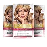 L'Oréal Paris Permanente Haarfarbe, 100% Grauhaarabdeckung, Haarfärbeset mit Coloration, Shampoo und 3-Fach Pflege Creme Farbe, Excellence Creme, 8 Blond, 3 x 268 g