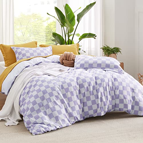 Image of Bedsure Duvet Cover Queen Size - Reversible Checkered Duvet Cover Set with Zipper Closure, 3 Pieces Purple Bedding Set with 8 Corner Ties and 2 Pillow Shams 20 inchx26 inch