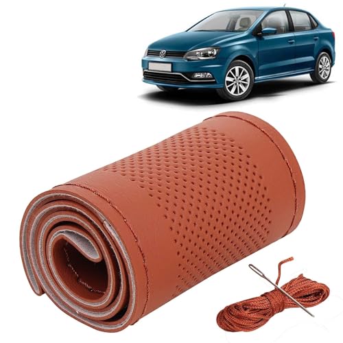 Image of KINGSWAY PU Leatherite Car Steering Cover Sewable Compatible with Volkswagen Ameo (Year 2016 Onwards), Tan Color with Tan Thread, Pack of 1 with Sewing Needle and Thread