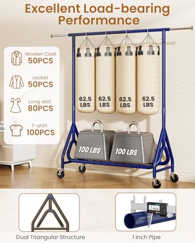Image of Heavy Duty Clothing Rack, Metal Clothes Rack Load 450 LBS, Rolling Coat Racks for Hanging Clothes with Lockable Wheels, Wardrobe Closet Garment Racks for Bedroom, Navy Blue