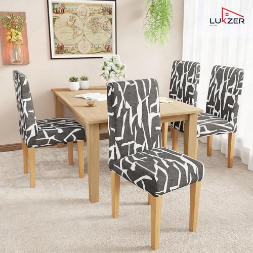 Image of Lukzer 2PC Grey & White Stretchable Dining Chair Cover | Universal Fit Removable Washable Slipcover | 140 GSM Polyester + Spandex | Elastic Protective Cover for Home & Hotel Chairs Seat Slipcover