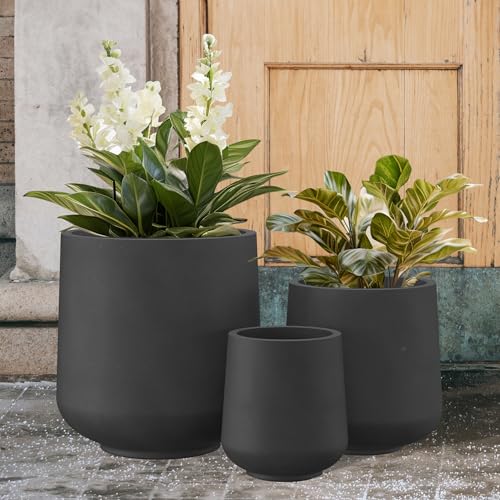 Image of Kante Set of 3 Black Concrete Curved Planters 16.5 inch 13 inch 9.4 inch Dia | Drainage for Outdoor, Rubber Plug for Indoor Home, All-Weather Cement Pot, Handcraft, Lightweight & Durable, Anti-UV, Round