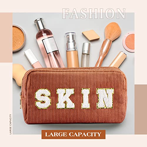 4 Pcs Preppy Patch Makeup Bag Corduroy Cosmetic Bag Makeup Accessories Skincare Pouch Chenille Letter Portable Zipper Face Pouch Cute Toiletry for Women Travel(Pink, Brown Series Color)4