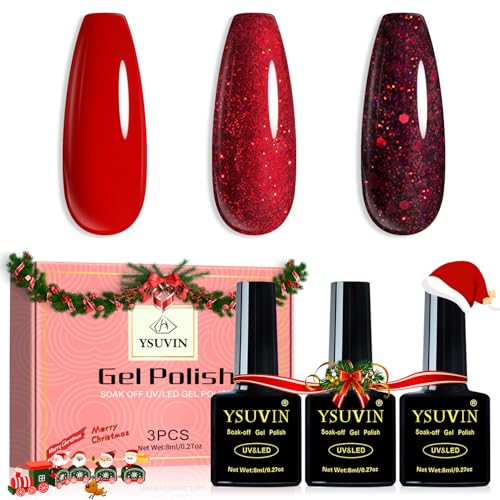 YSUVIN Esmalte de Uñas Semipermanente, 3 Colores Rojo Parpadeo Gel de Esmalte de Uñas Soak Off UV/LED Salones de Uñas DIY Familiares, Navidad y San Valentín