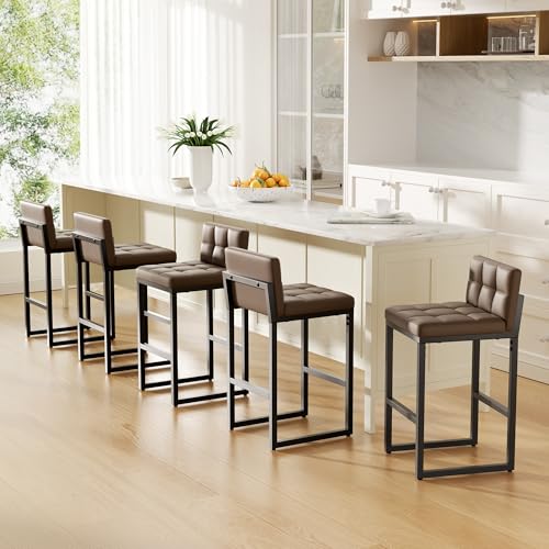Image of 24 inch Bar Stools Set of 4, Modern Faux Leather Counter Height Bar Stools with Low Back and Footrest, Sturdy Thickened Metal Leg, Upholstered Kitchen Bar Chairs for Island, Coffee