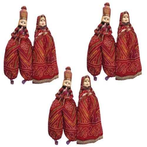 Samariya Rajasthani Handcrafted Handmade Colorful Fabric Wooden Face String,Kathputli/Puppet Pair for Home Décor, Cultural Program and Events( Kathputli Set 3 Pair)