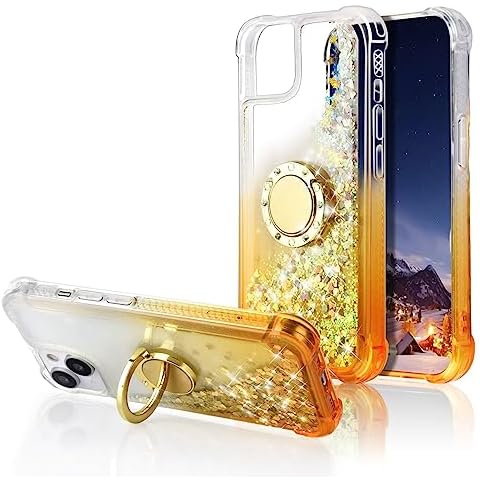 WORLDMOM for iPhone 14 Case,Bling Moving Liquid Floating Sparkle Colorful Glitter Waterfall TPU Protective Case with Rotation Ring Kickstand for iPhone 14 [6.1 inch 2022], Gold Cover