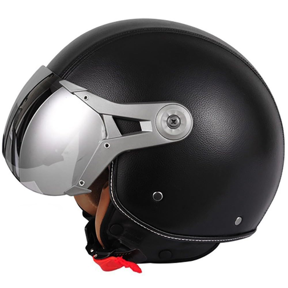Casco Moto Vintage in Pelle, Casco Jet Classic con Visiera Moto, ECE 22.06 Omologato, Donna Uomo Casco Scooter Chop Ciclomotore retrò Pilota di Moto a Mezza Calotta (57-62cm)