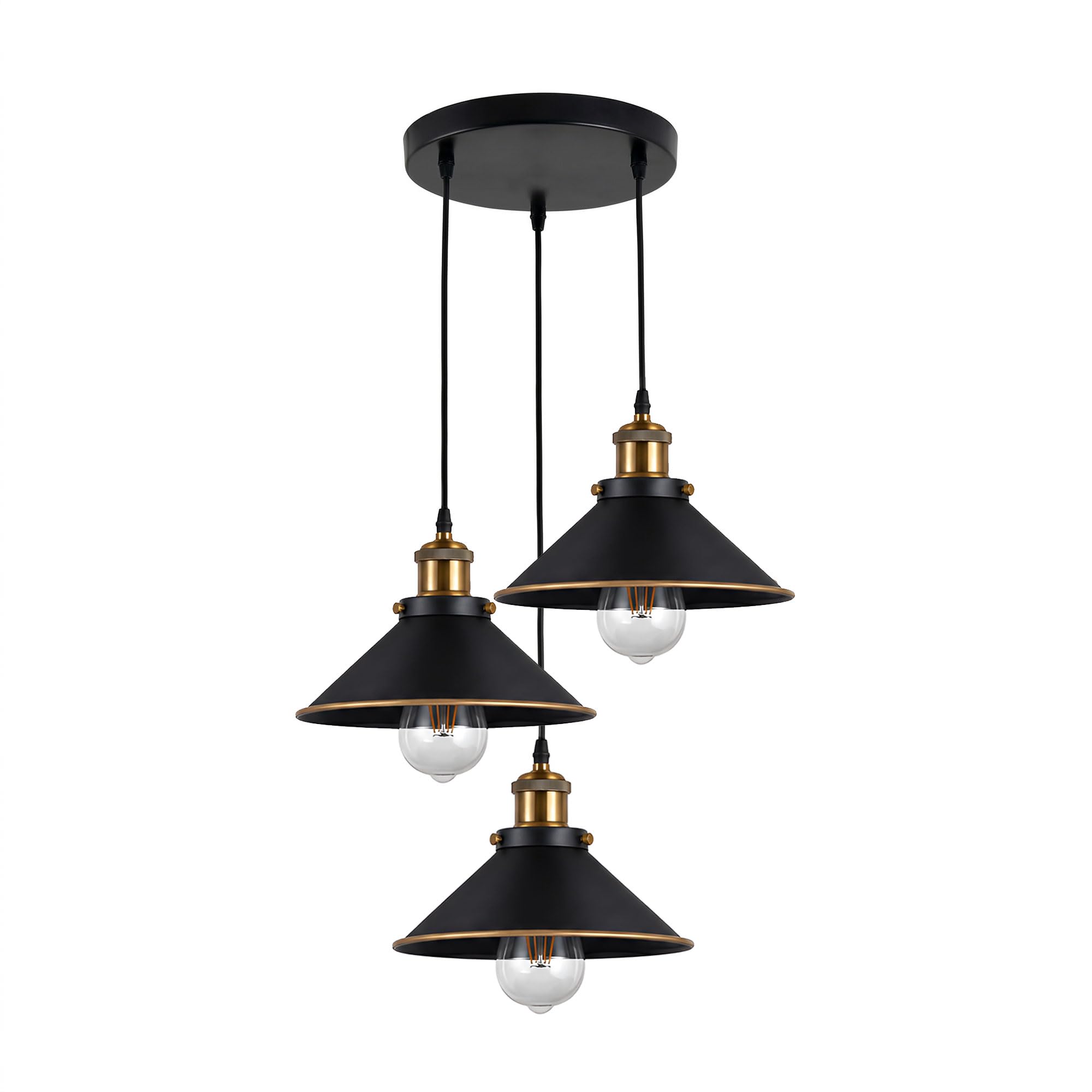 LEDSone Nowoczesna lampa wisząca w stylu vintage z 3 głowicami, płaska, w kształcie stożka, wisząca lampa sufitowa z regulowanym kablem do kuchni, na wyspę, do salonu, jadalni (3 głowice)