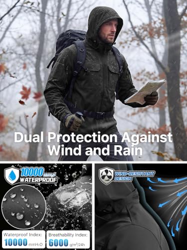 Image of FREE SOLDIER Men's Waterproof Softshell Jacket Fleece Lined Outdoor Jacket Tactical Military Hoodie Windbreaker