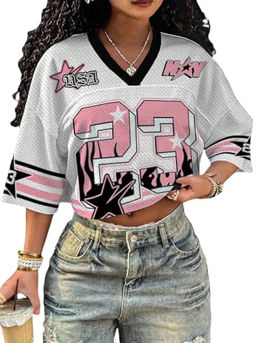 La mejor comparación de Ropa de Balonmano americano del mes. 50 MakeMeChic - playera de jersey para mujer, diseño de número, de gran tamaño, Y2K, Crop Pink White, M