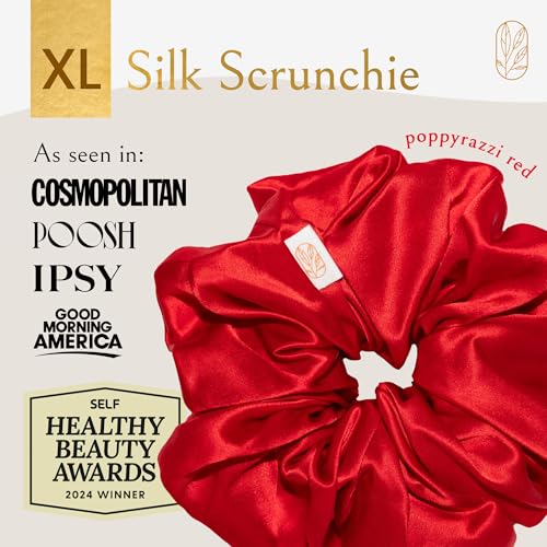 Image of Silk Scrunchies Ponytail Holders - Oversized Mulberry Silk Scrunchies - Extra Large No Damage Hair Ties for Curly, Thick, and Thin - Hair Accessories for Women - Poppy Razzi Red, XL By Curlfriend