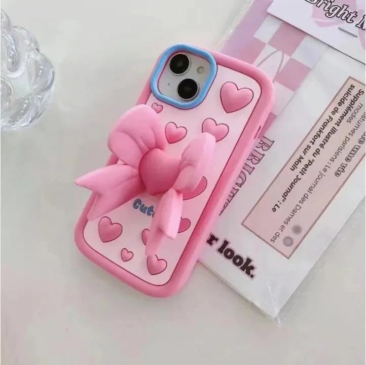 Image of COVERLY for iPhone 17 3D Love Cute Heart Butterfly Case,Full Protective Pink Coquette Bowknot Folding Desktop Stand Beautiful Doll Soft Silicone Fashion Aesthetic Back Cover for Apple iPhone 17