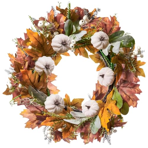 DN DECONATION 24“ Fall Wreaths for Front Door Decor, Autumn Harvest Wreaths for Porch Door Outdoor, Fall Wreath Decorations for Home Outside Thanksgiving, White Pumpkins Wreath