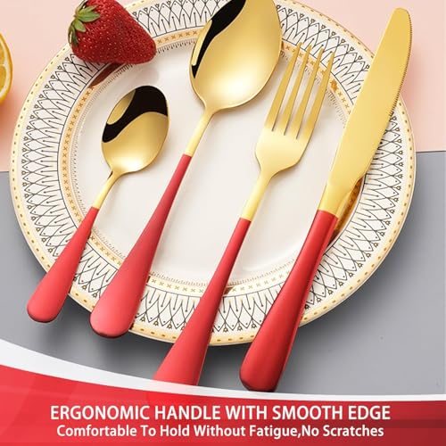 Image of 24 Pieces Flatware Set, Stainless Steel Cutlery Set with Silverware Holder, Modern Gold Silverware Set Includes Dinner Knives Forks Spoons,Hanging Silverware (Red)
