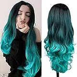 HANNE Ombre Bluish Green Wigs Long Wavy Synthetic Wigs For Women Heat Resistant Glueless Synthetic Hair High Density Body Wave Aqua Teal Wigs (Ombre Green)