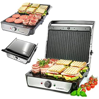TZS First Austria Tischgrill, Elektrogrill für den Tischgebrauch, Grillplatte für Fleisch & Gemüse, 180°-Öffnung, Kontaktgrill mit Antihaftbeschichtung, in Schwarz/Edelstahl, 900 W – Bild 3