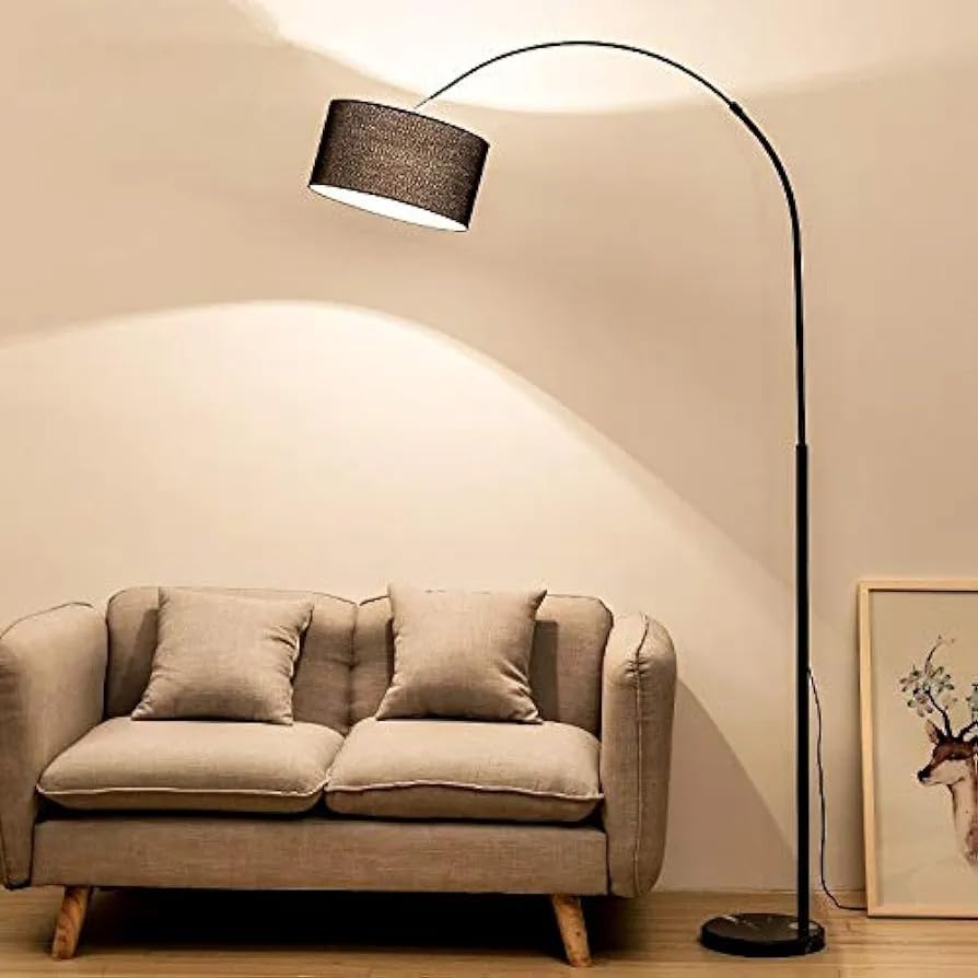 Modern Adjustable Arc Floor Lamp with Fabric Drum Shade, Metal Standing Lamp for Living Room, Bedroom, Reading Corner, Sofa Side, 360° Rotating Head, Height Adjustable, E27 Holder, Black-image-16