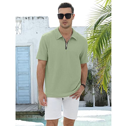 Aulemen Men's Fashion Zipper Polo Shirt-Short Sleeve Casual Summer Slim Fit V Neck Jacquard Fabric Collar Golf Shirt Green L #TOP2