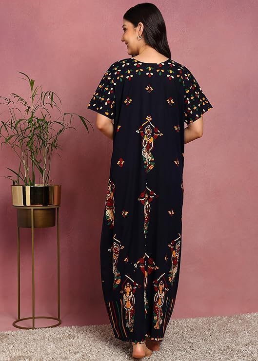 Image of PITINAN Pure Cotton Embroidered Nighty for Women | Maxi Night Gown | Jaipuri Cotton Nightdress with Pocket & Adjustable Knot | Comfortable Sleepwear