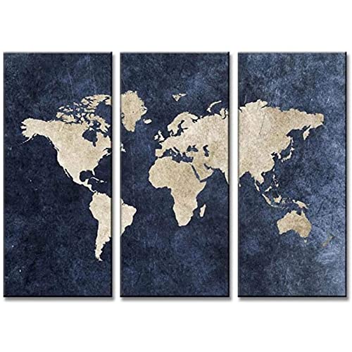 3 Piezas Conjunto Abstracto Marina de guerra Azul Mundo Mapa De la lona ​​Imprimir Pintura Moderno Poster Impresiones Pared Cuadros Para Salon Oficina Decorativo Sin marco 40×80cm×3 piezas