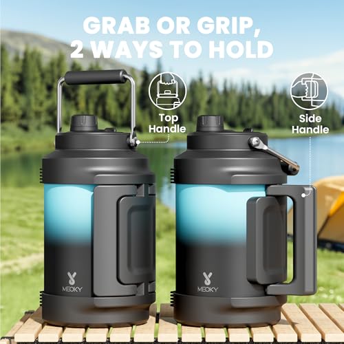 Image of 1 Gallon Insulated Water Bottle for Sports: Meoky 128 oz Triple Wall Vacuum Stainless Steel Water Jug - Top and Side Handles, Cold for 48 Hrs, 2-in-1 Straw and Spout Lid, Leak Proof for Hiking (Cyan)