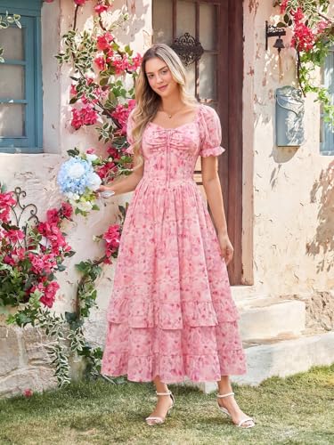 Image of Scarlet Darkness Women Floral Maxi Dress Puff Sleeve Tea Party Corset Dress | Pockets, Ruched Bust, Ruffled Hem, for Cottagecore Fairy Milkmaid Vacation
