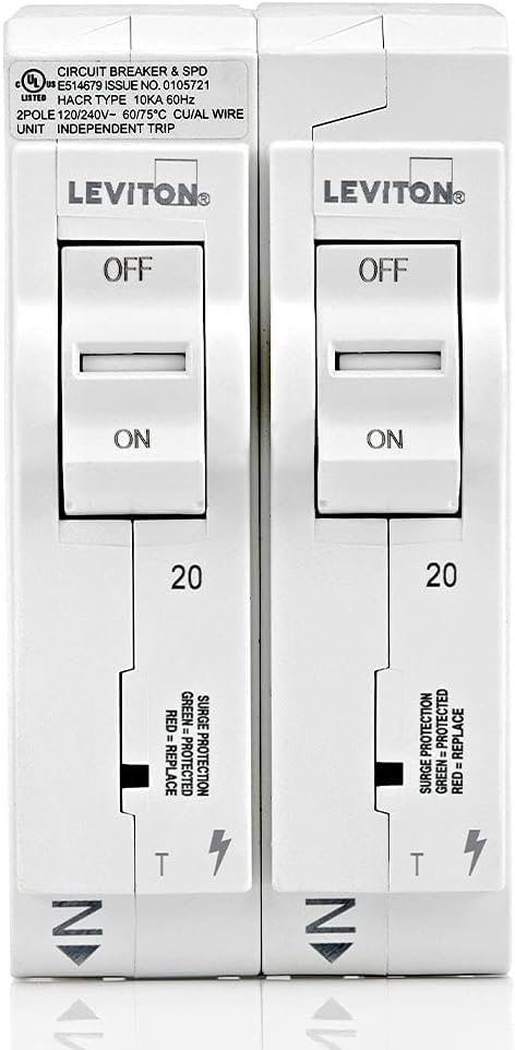 Image of Leviton LSPD2-T Surge Protective Device with Two 20A 1-Pole Plug-On Standard Branch Circuit Breakers, Thermal Magnetic, 120 /240 VAC, White (Pack of 5)